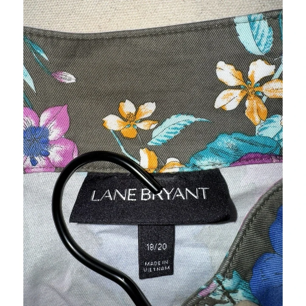 Lane Bryant Woman's 18 20 Denim Jacket Floral Green Utility Zip‎ Coat Pockets - Picture 4 of 5